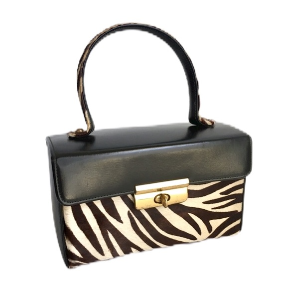 Vintage Handbags - Vintage Zebra Print Purse Calf Hair Black Leather